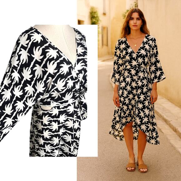 NEW! Diane Von Furstenberg M Eloise SILK Wrap PALM Dress Kimono Sleeves Black - Picture 1 of 14
